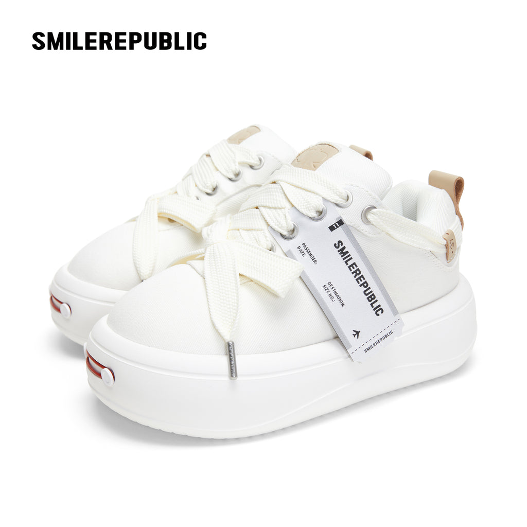 White Twill Low Top Chunky Platform Sneakers with Interchangeable Smile Toe