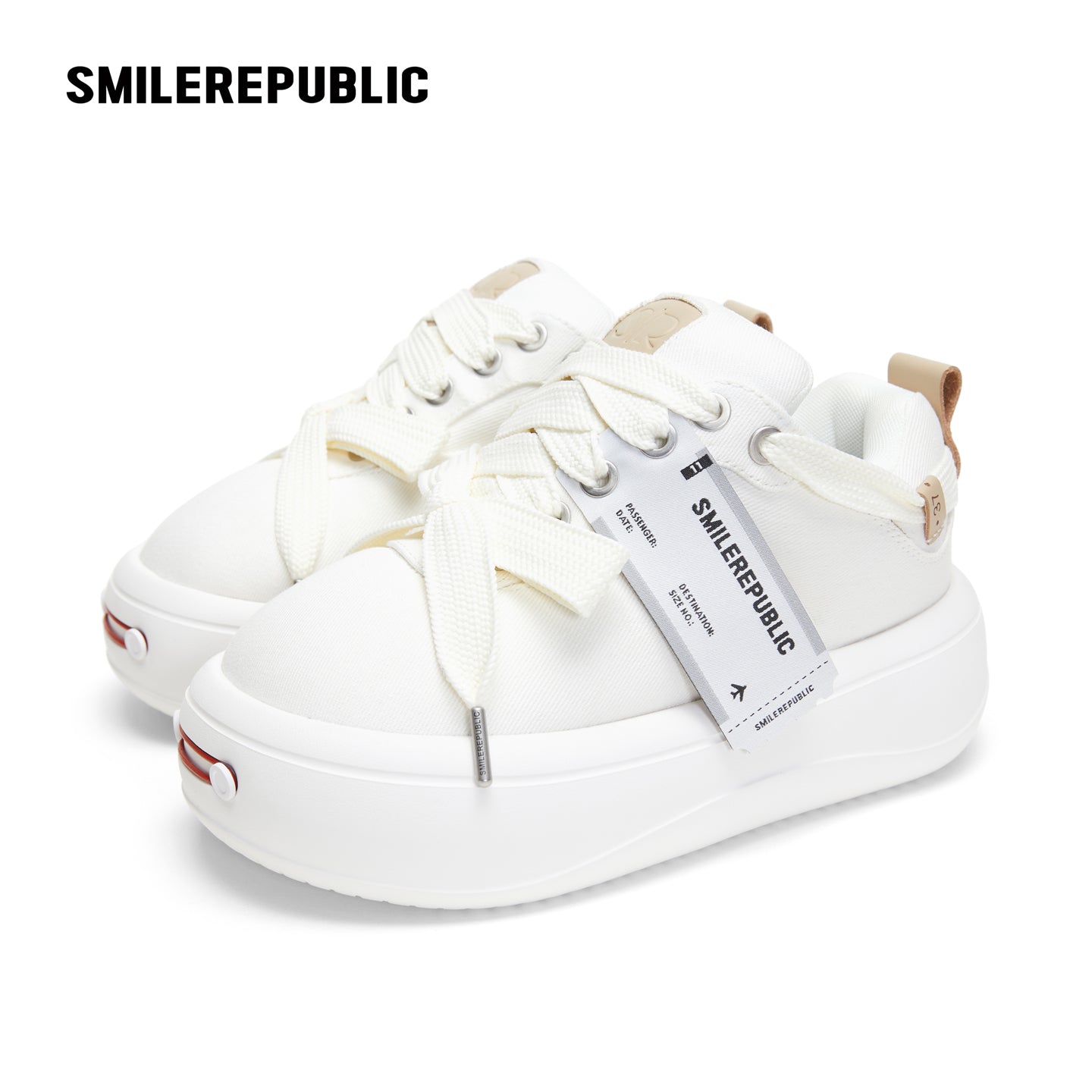 White Twill Low Top Chunky Platform Sneakers with Interchangeable Smile Toe