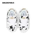 Black White Cow Print Twill Platform Sneakers, Unisex Lace Up Shoes