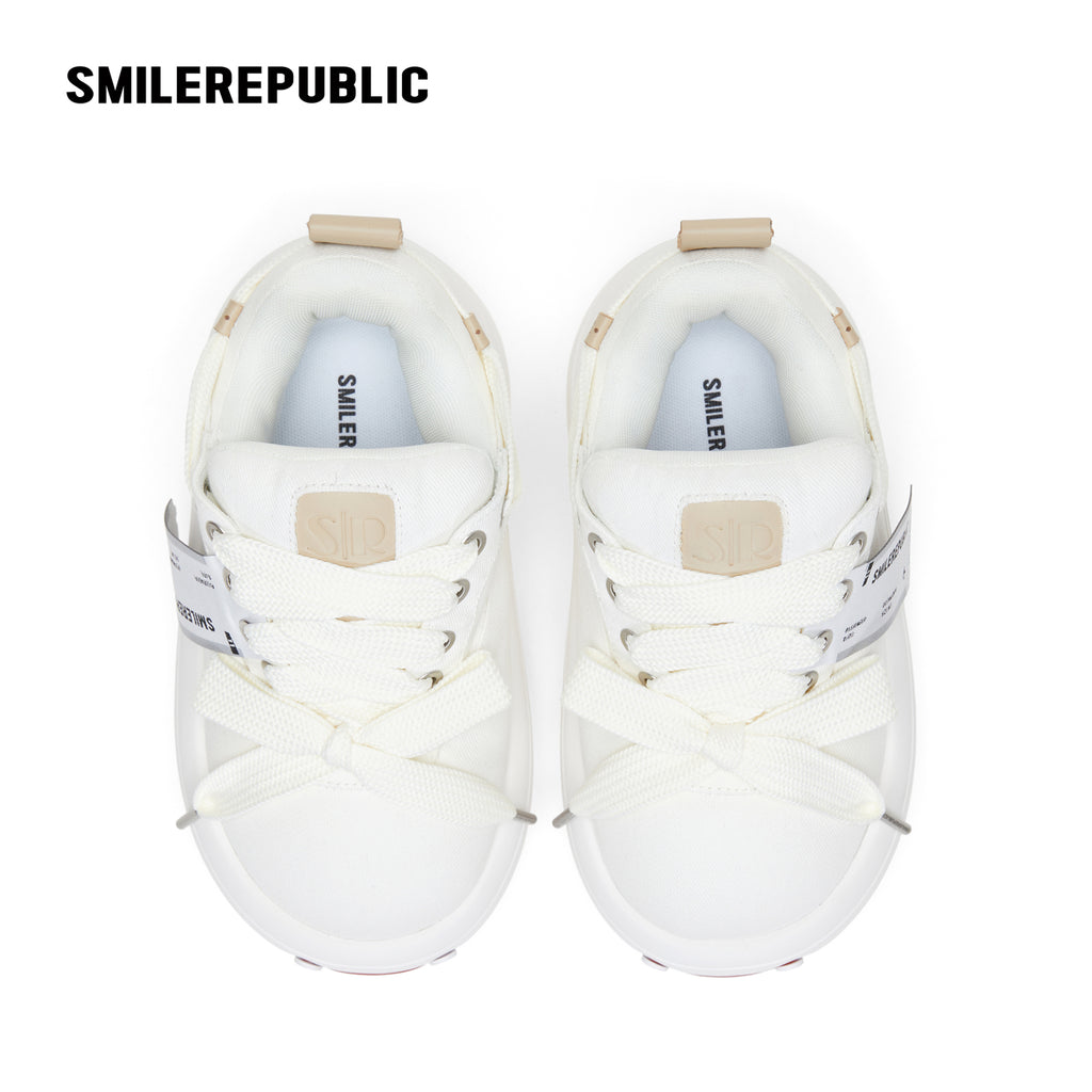 White Twill Low Top Chunky Platform Sneakers with Interchangeable Smile Toe