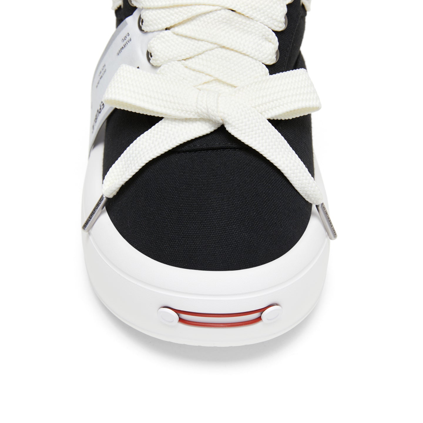 Black Canvas Interchangeable Smile Toe Chunky Platform Sneakers with Airplane Ticket Tag