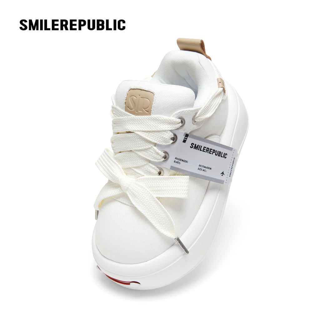 White Twill Low Top Chunky Platform Sneakers with Interchangeable Smile Toe