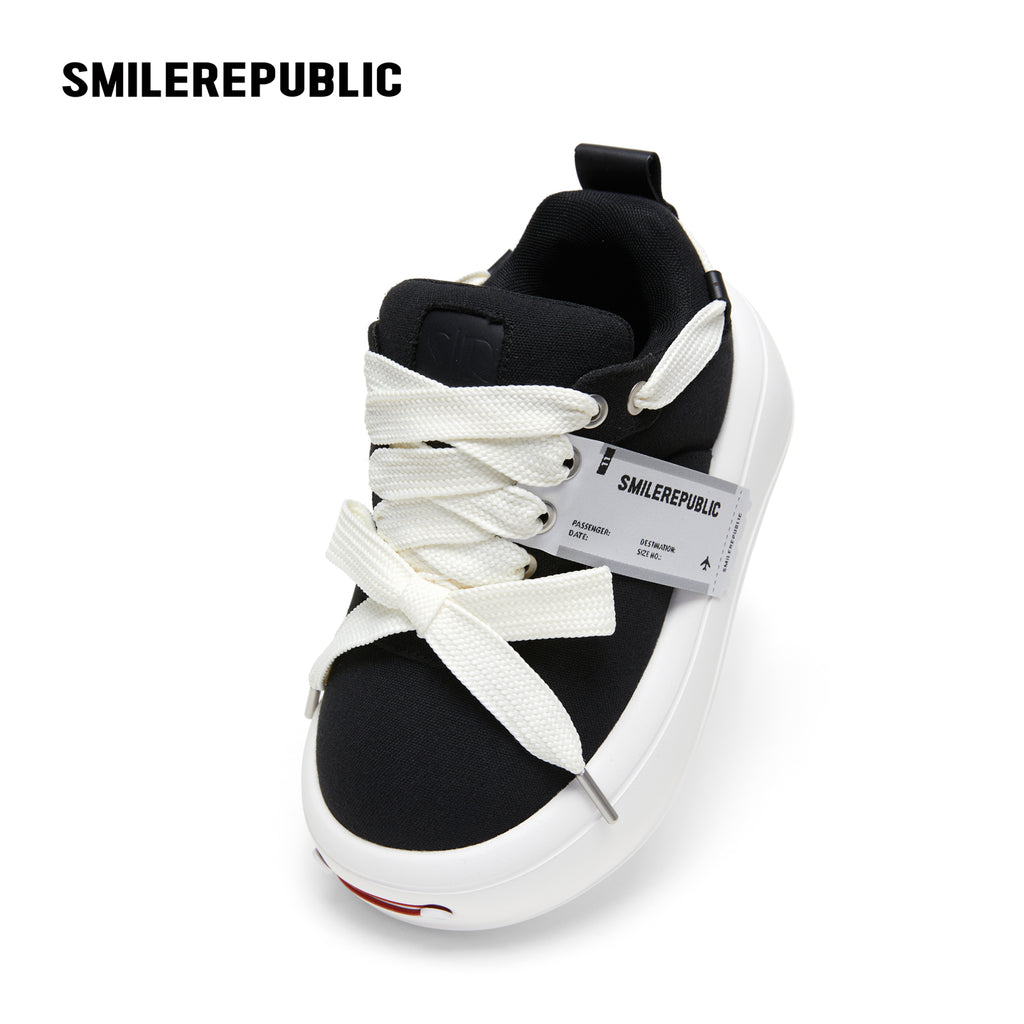 Black Canvas Interchangeable Smile Toe Chunky Platform Sneakers with Airplane Ticket Tag