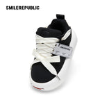 Black Canvas Interchangeable Smile Toe Chunky Platform Sneakers with Airplane Ticket Tag