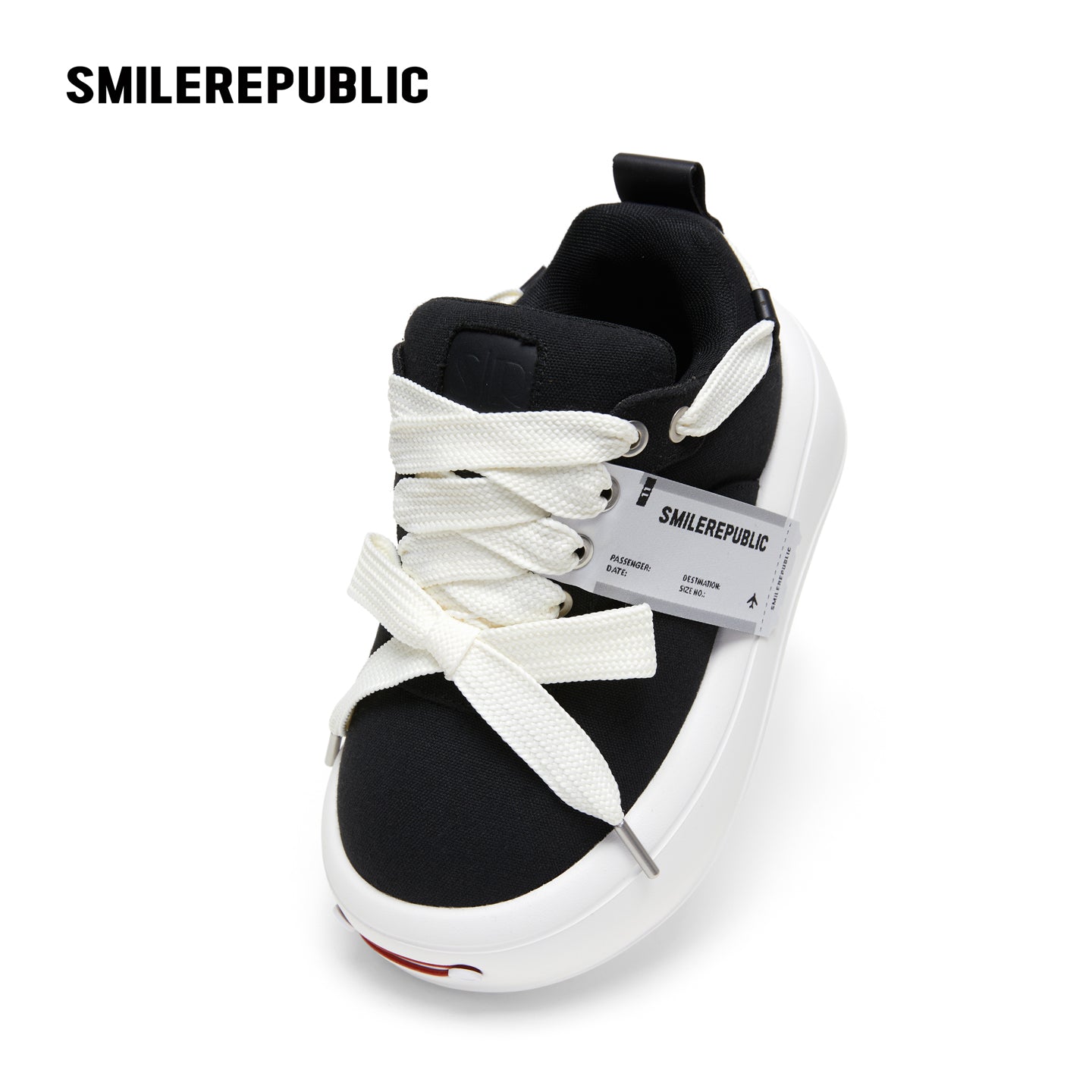 Black Canvas Interchangeable Smile Toe Chunky Platform Sneakers with Airplane Ticket Tag