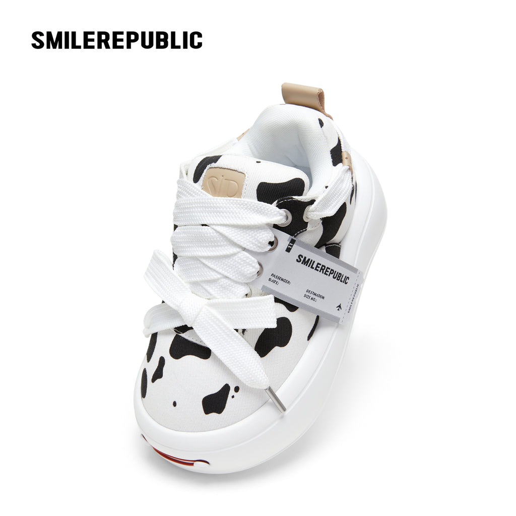 Black White Cow Print Twill Platform Sneakers, Unisex Lace Up Shoes
