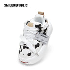 Black White Cow Print Twill Platform Sneakers, Unisex Lace Up Shoes