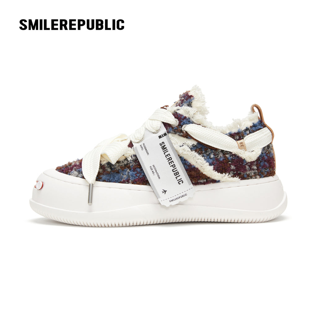 Multicolor Fair Isle Fleece Platform Sneakers, Unisex Low Top Lace Up Shoes