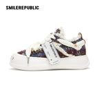Multicolor Fair Isle Fleece Platform Sneakers, Unisex Low Top Lace Up Shoes