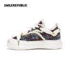 Multicolor Fair Isle Fleece Platform Sneakers, Unisex Low Top Lace Up Shoes