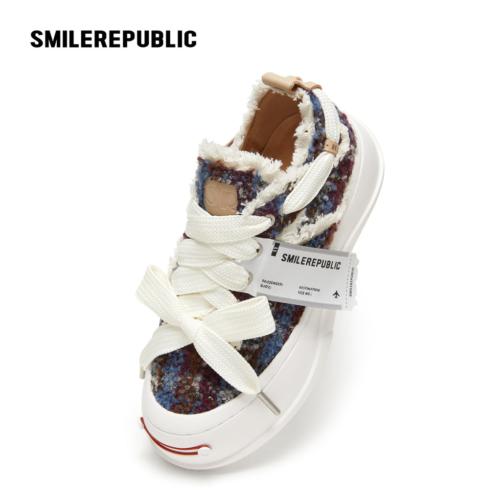 Multicolor Fair Isle Fleece Platform Sneakers, Unisex Low Top Lace Up Shoes