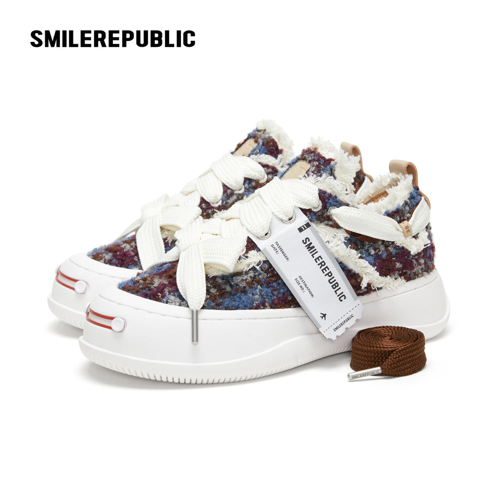 Multicolor Fair Isle Fleece Platform Sneakers, Unisex Low Top Lace Up Shoes