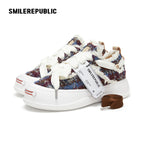 Multicolor Fair Isle Fleece Platform Sneakers, Unisex Low Top Lace Up Shoes