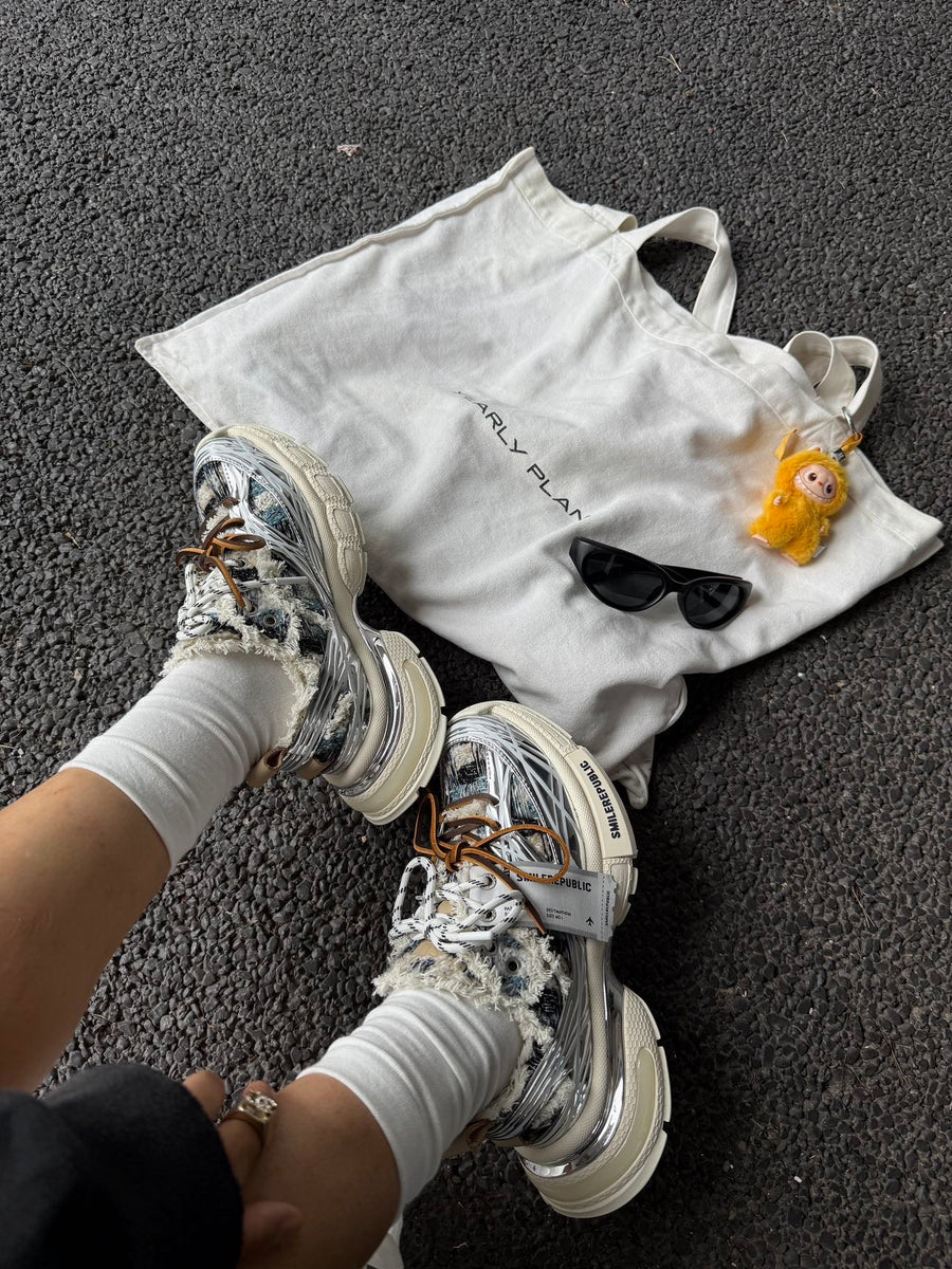 Metallic Silver Blue Black Plaid Tweed Chunky Sneakers, Unisex Lace Up Shoes 详情图 2