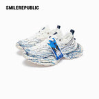 White and Silver Mesh Paint Splatter Chunky Sneakers, Unisex Low Top Lace Up Shoes
