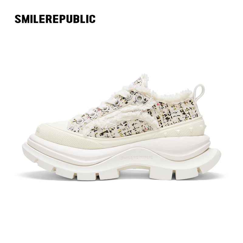 Off White Speckled Tweed Frayed Smile Toe Chunky Platform Sneakers, Unisex Low Top