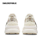 Off White Speckled Tweed Frayed Smile Toe Chunky Platform Sneakers, Unisex Low Top