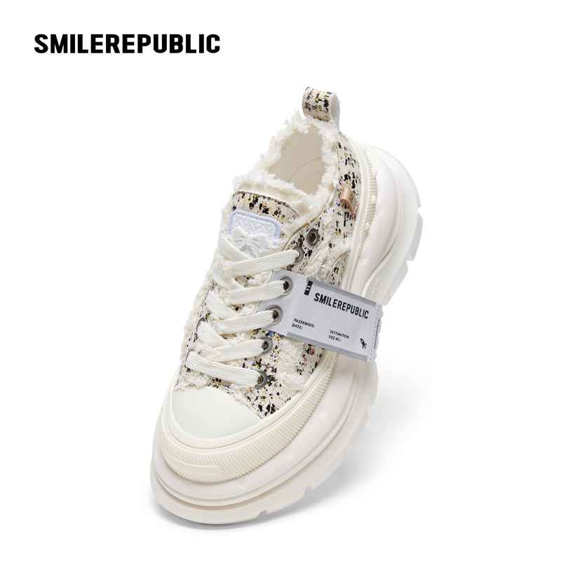 Off White Speckled Tweed Frayed Smile Toe Chunky Platform Sneakers, Unisex Low Top