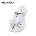 White Bow Platform Slides, Slip On Open Back Sandal Mules