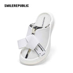 White Bow Platform Slides, Slip On Open Back Sandal Mules