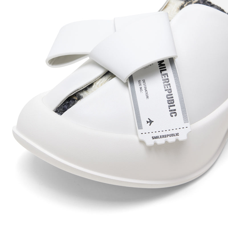 White Oversized Bow Platform Slide Sandals, Unisex Slip-On Open-Toe Chunky Sole Summer Mules