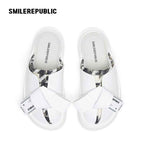 White Bow Platform Slides, Slip On Open Back Sandal Mules
