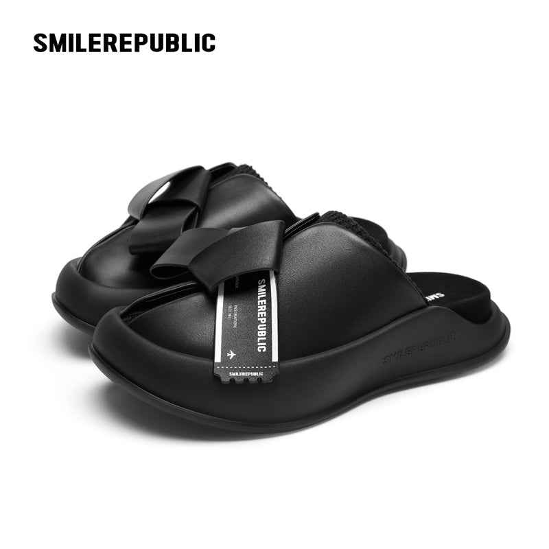 Black Bow Platform Slides, Slip On Open Back Sandal Mules