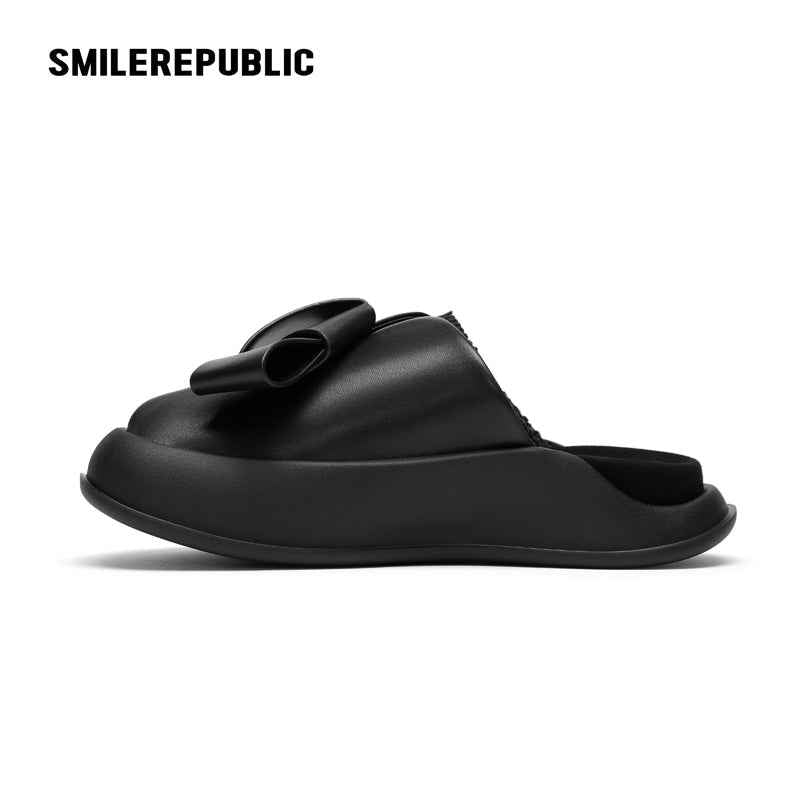 Black Bow Platform Slides, Slip On Open Back Sandal Mules
