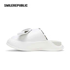 White Bow Platform Slides, Slip On Open Back Sandal Mules