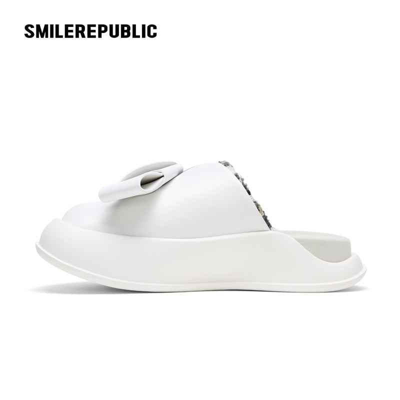 White Bow Platform Slides, Slip On Open Back Sandal Mules
