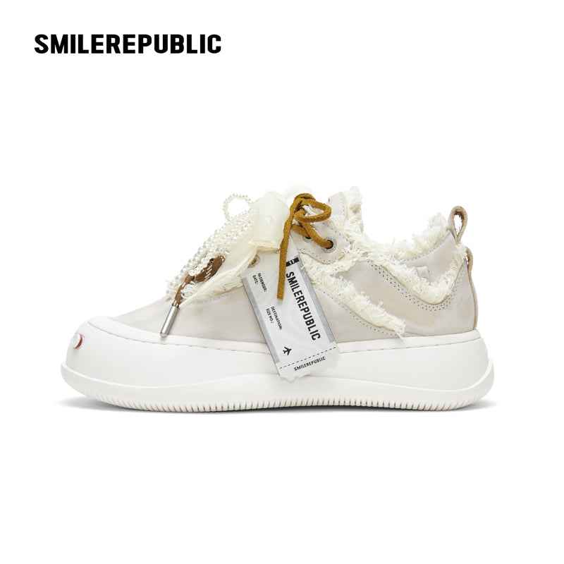 Ash Gray Frayed Pearl Bow Platform Sneakers with Interchangeable Smile Toe, Unisex Low Top