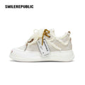 Ash Gray Frayed Pearl Bow Platform Sneakers with Interchangeable Smile Toe, Unisex Low Top
