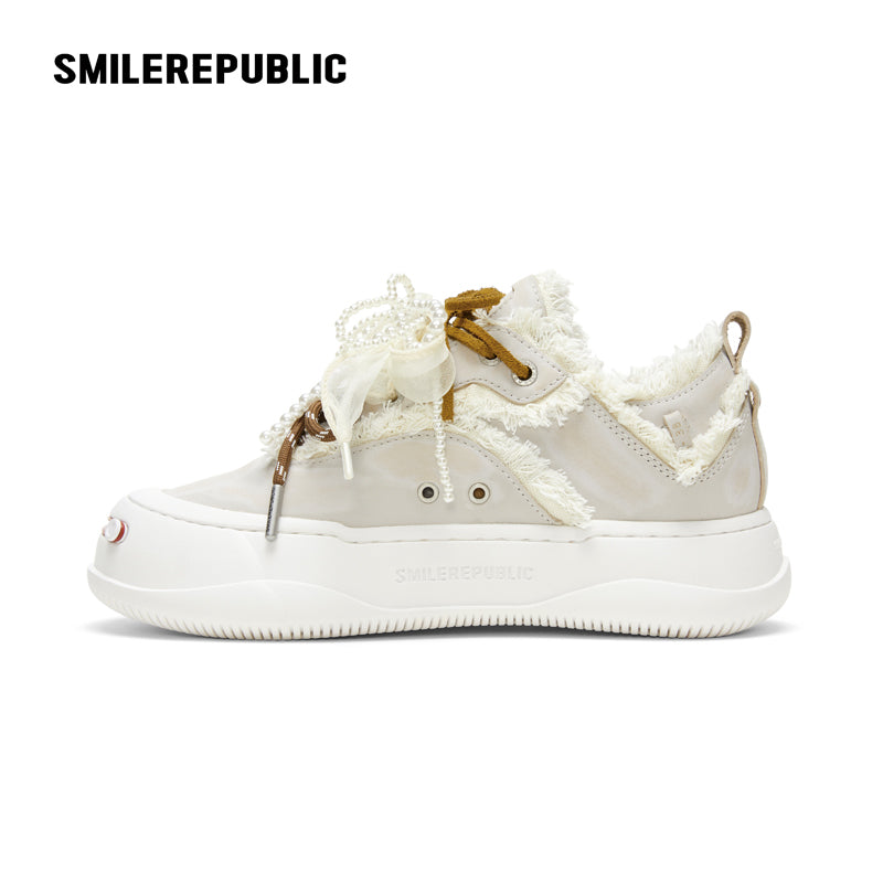 Ash Gray Frayed Pearl Bow Platform Sneakers with Interchangeable Smile Toe, Unisex Low Top