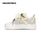 Ash Gray Frayed Pearl Bow Platform Sneakers with Interchangeable Smile Toe, Unisex Low Top