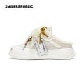 Ash Gray Frayed Trim Platform Sneaker Mules, Unisex Smile Toe Shoes
