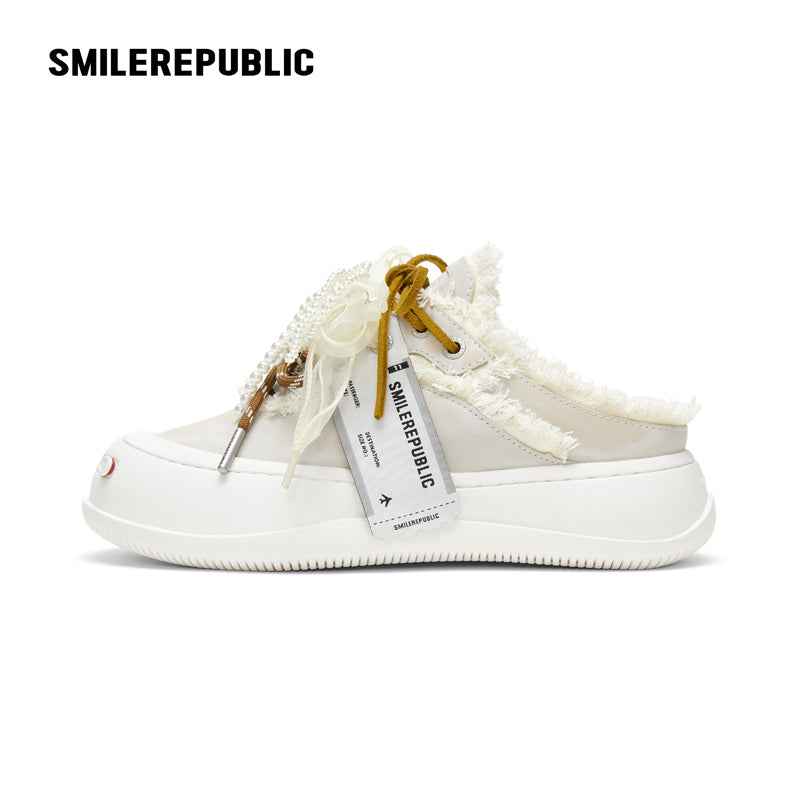 White Cowhide Leather Backless Platform Sneaker Mules