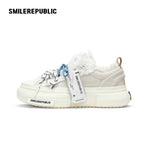 Women's White Frayed Platform Low-Top Lace-Up Sneakers