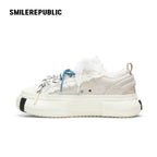 Women's White Frayed Platform Low-Top Lace-Up Sneakers