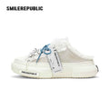 Ash Gray Frayed Trim Chunky Platform Sneaker Mules, Unisex Shoes