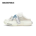 Ash Gray Frayed Trim Chunky Platform Sneaker Mules, Unisex Shoes