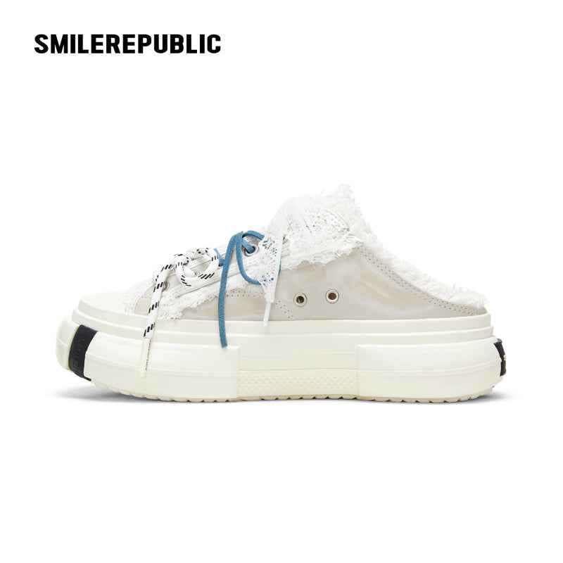 Ash Gray Frayed Trim Chunky Platform Sneaker Mules, Unisex Shoes