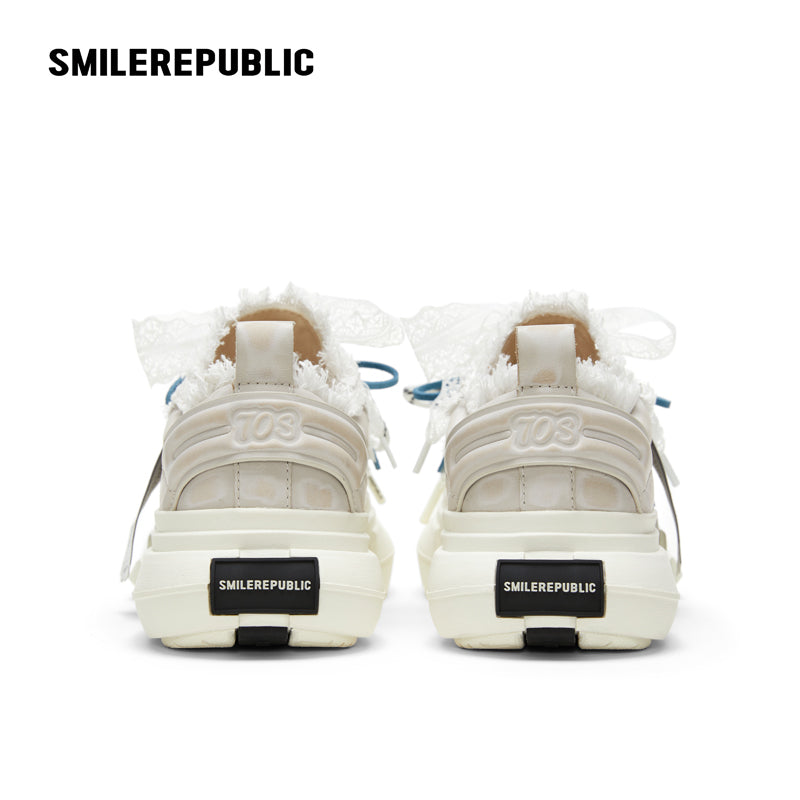 White Frayed Platform Sneakers, Unisex Low Top Lace Up Shoes