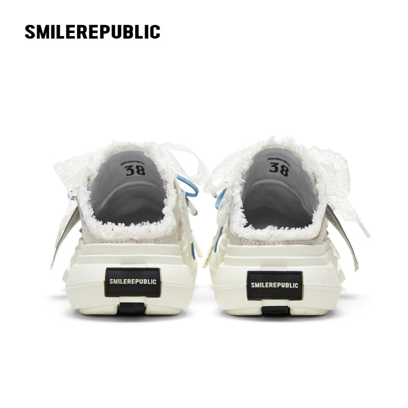 Ash Gray Frayed Trim Chunky Platform Sneaker Mules, Unisex Shoes