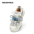 Women's White Frayed Platform Low-Top Lace-Up Sneakers