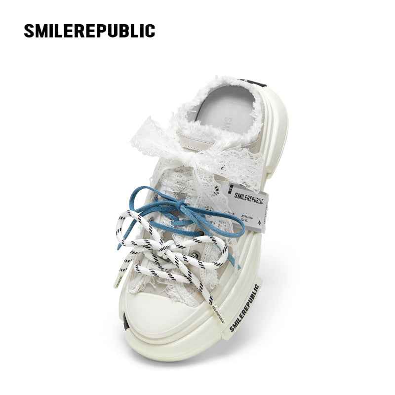Ash Gray Frayed Trim Chunky Platform Sneaker Mules, Unisex Shoes