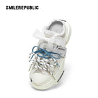 Ash Gray Frayed Trim Chunky Platform Sneaker Mules, Unisex Shoes