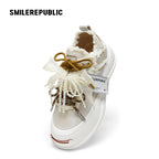 Ash Gray Frayed Pearl Bow Platform Sneakers with Interchangeable Smile Toe, Unisex Low Top