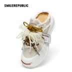 Women's Ash Gray Frayed Trim Platform Sneaker Mules with Smile Toe - view 5