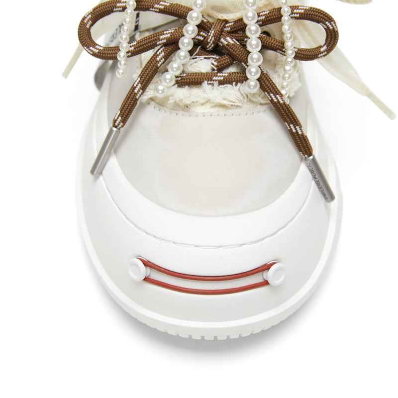 Ash Gray Frayed Pearl Bow Platform Sneakers with Interchangeable Smile Toe, Unisex Low Top