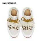 Ash Gray Frayed Pearl Bow Platform Sneakers with Interchangeable Smile Toe, Unisex Low Top